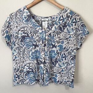 Joie 100% Linen Crop Tee Womens M Coastal Grandma Boho Boxy Tee Shirt Button Up